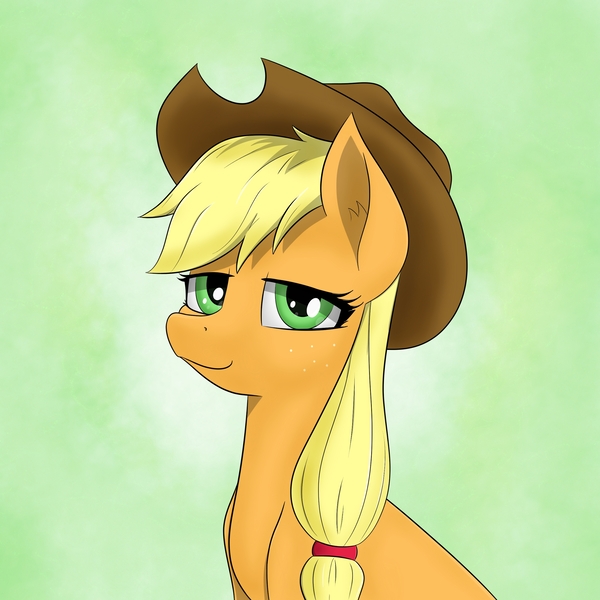 Size: 2560x2560 | Tagged: safe, artist:aquaticvibes, derpibooru import, applejack, earth pony, pony, abstract background, applejack's hat, bust, cowboy hat, female, hat, image, jpeg, mare, solo