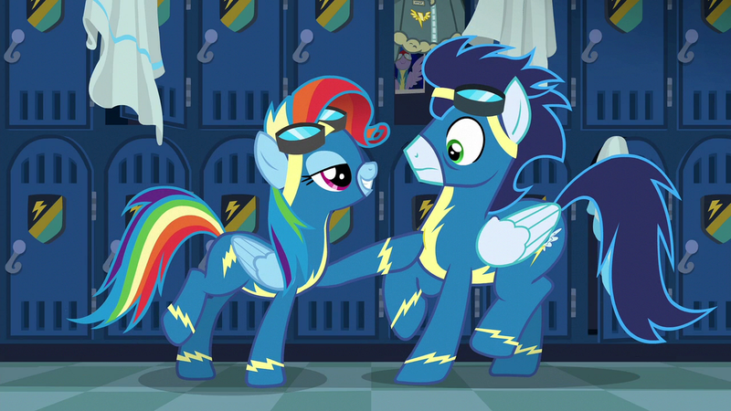 Size: 1920x1080 | Tagged: safe, derpibooru import, screencap, rainbow dash, soarin', pegasus, pony, newbie dash, alternate hairstyle, clothes, duo, female, image, male, mare, png, rainbow fash, stallion, uniform, wonderbolts uniform