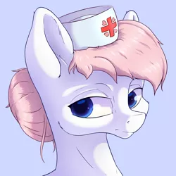 Size: 1800x1800 | Tagged: safe, artist:aquaticvibes, derpibooru import, nurse redheart, earth pony, pony, blue background, bust, female, hair bun, hat, image, mare, nurse hat, png, simple background, solo, stray strand