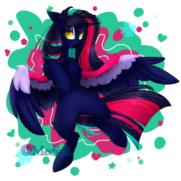 Size: 2449x2449 | Tagged: safe, artist:mediasmile666, derpibooru import, oc, unofficial characters only, alicorn, pony, abstract background, alicorn oc, female, horn, image, mare, png, solo, spread wings, two toned wings, wings