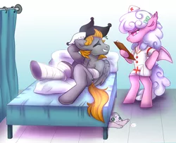 Size: 800x650 | Tagged: safe, artist:cabbage-arts, derpibooru import, oc, oc:haiky haiku, oc:jumping jack, unofficial characters only, bat pony, cat, pegasus, bed, clipboard, couple, duo, hat, hospital, hospital bed, image, nurse outfit, png