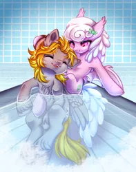 Size: 700x890 | Tagged: safe, artist:cabbage-arts, derpibooru import, oc, oc:haiky haiku, oc:jumping jack, bat pony, pegasus, pony, bathing together, couple, duo, image, png, tub