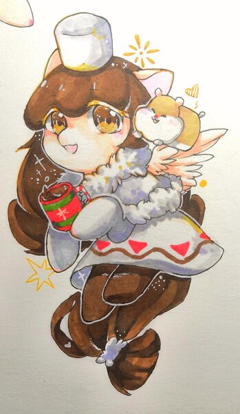 Size: 1255x2159 | Tagged: safe, artist:v17nvlsyu9ljsro, derpibooru import, ponified, hamster, pegasus, pony, clothes, cocoa cookie, cookie run, cup, dress, female, hat, image, jpeg, simple background, traditional art