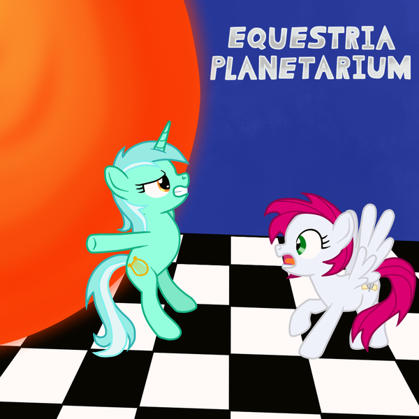 Size: 1000x1000 | Tagged: safe, artist:fetchbeer, derpibooru import, lyra heartstrings, oc, bipedal, bipedal leaning, checkered floor, image, leaning, newbie artist training grounds, planetarium, png, sun
