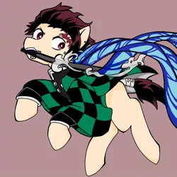 Size: 768x768 | Tagged: safe, artist:makaroni923, derpibooru import, ponified, earth pony, pony, blank flank, demon slayer, image, jpeg, kimetsu no yaiba, male, solo, sword, tanjiro kamado, traditional art, water, weapon