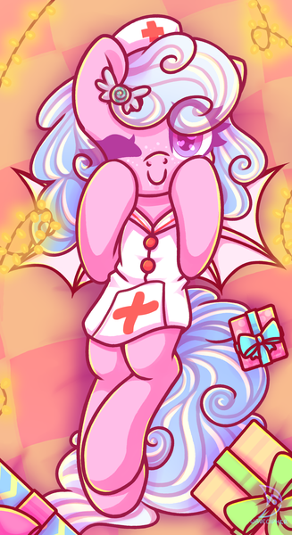 Size: 1350x2480 | Tagged: safe, alternate version, artist:musicfirewind, derpibooru import, oc, oc:haiky haiku, bat pony, pony, bed, christmas, commission, cute, female, holiday, image, lights, lying down, mare, nurse, png, present, solo, ych result