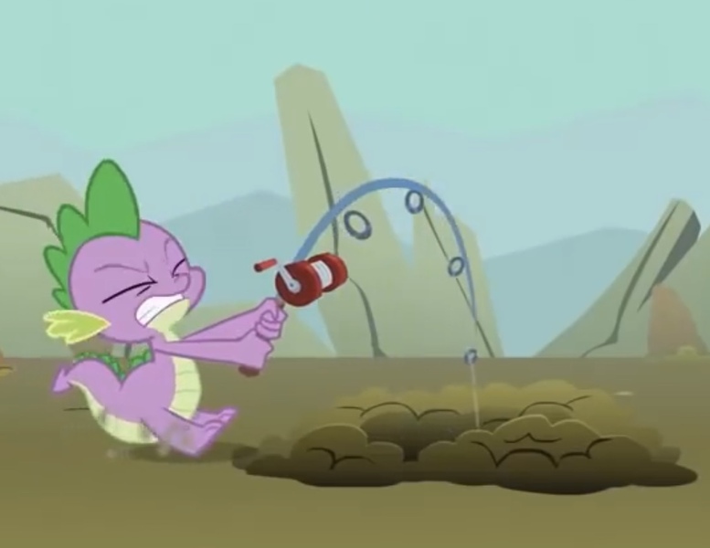 Size: 1139x880 | Tagged: safe, derpibooru import, screencap, spike, a dog and pony show, cropped, dragging, eyes closed, fishing rod, gritted teeth, hole, image, jpeg, solo