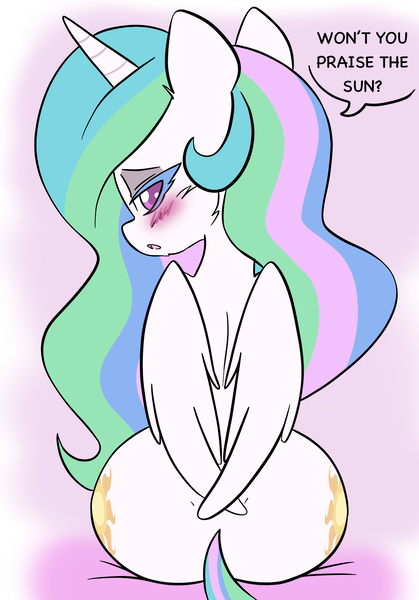 Size: 1668x2388 | Tagged: suggestive, artist:steelsoul, derpibooru import, princess celestia, alicorn, pony, blushing, both cutie marks, butt, image, looking at you, looking back, looking back at you, open mouth, plot, png, sunbutt, wide hips