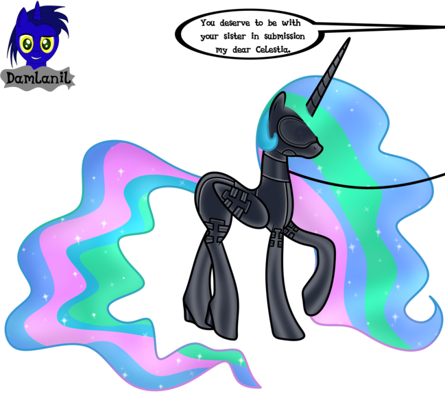 Size: 4154x3840 | Tagged: safe, artist:damlanil, derpibooru import, princess celestia, alicorn, pony, bdsm, blindfold, bondage, bondage mask, boots, bound wings, catsuit, clothes, collar, commission, corset, ethereal mane, female, gag, galaxy mane, gimp suit, high heels, hood, horn, image, implied discord, latex, latex boots, latex suit, mare, muzzle gag, offscreen character, png, rubber, rubber suit, shiny, shiny mane, shoes, show accurate, simple background, socks, solo, story, story included, thigh highs, transparent background, vector, wings