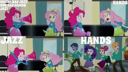 Size: 1280x720 | Tagged: safe, derpibooru import, edit, edited screencap, editor:quoterific, screencap, big macintosh, fluttershy, pinkie pie, rarity, toe-tapper, torch song, eqg summertime shorts, equestria girls, steps of pep, boots, clothes, cutie mark, cutie mark on clothes, drum kit, drums, eyes closed, hairpin, image, jpeg, megaphone, musical instrument, open mouth, piano, shoes, smiling, sweater, the ponytones, wondercolt ears, wondercolt tail