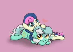 Size: 4526x3231 | Tagged: safe, artist:background basset, derpibooru import, bon bon, lyra heartstrings, sweetie drops, earth pony, pony, unicorn, duo, duo female, female, heart, image, lesbian, lying down, lying on top of someone, lyrabon, png, shipping