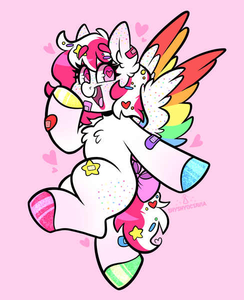 Size: 2399x2950 | Tagged: safe, artist:shyshyoctavia, derpibooru import, oc, oc:sugar bomb, pegasus, pony, bandaids, blushing, confetti, food, image, png, rainbow, solo, sprinkles