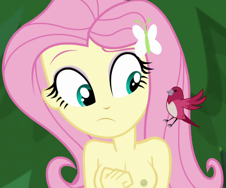 Size: 1080x900 | Tagged: questionable, artist:twinet, derpibooru import, edit, edited screencap, screencap, fluttershy, bird, equestria girls, legend of everfree, big breasts, breasts, busty fluttershy, exhibitionism, female, hairpin, image, nipples, nude edit, nudity, outdoors, png, practitioner of naturism, public nudity, solo, solo female, songbird