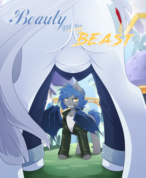 Size: 3056x3732 | Tagged: safe, artist:arctic-fox, derpibooru import, oc, oc:platinum decree, oc:racket rhine, unofficial characters only, bat pony, pony, unicorn, bat pony oc, bat wings, butt, canterlot, clothes, commission, duo, female, for your eyes only, framed by legs, image, male, mare, movie poster, plot, png, stallion, wings