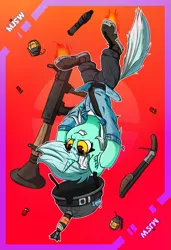 Size: 1333x1950 | Tagged: safe, artist:mjsw, derpibooru import, lyra heartstrings, pony, unicorn, female, flying, grenade, gun, image, mare, png, rocket jump, rocket launcher, shotgun, soldier, solo, team fortress 2, weapon