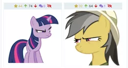 Size: 576x309 | Tagged: safe, derpibooru import, daring do, twilight sparkle, derpibooru, twibooru, image, i'm watching you, juxtaposition, meta, png, staring contest