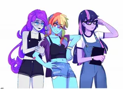 Size: 1848x1338 | Tagged: safe, artist:aaa-its-spook, derpibooru import, rainbow dash, rarity, sci-twi, twilight sparkle, equestria girls, bandaid, bandaid on nose, belly button, button, clothes, cutie mark, denim shorts, female, glasses, image, jacket, jpeg, lesbian, midriff, notebook, overalls, scitwidash, shipping, shorts, tanktop, twidash