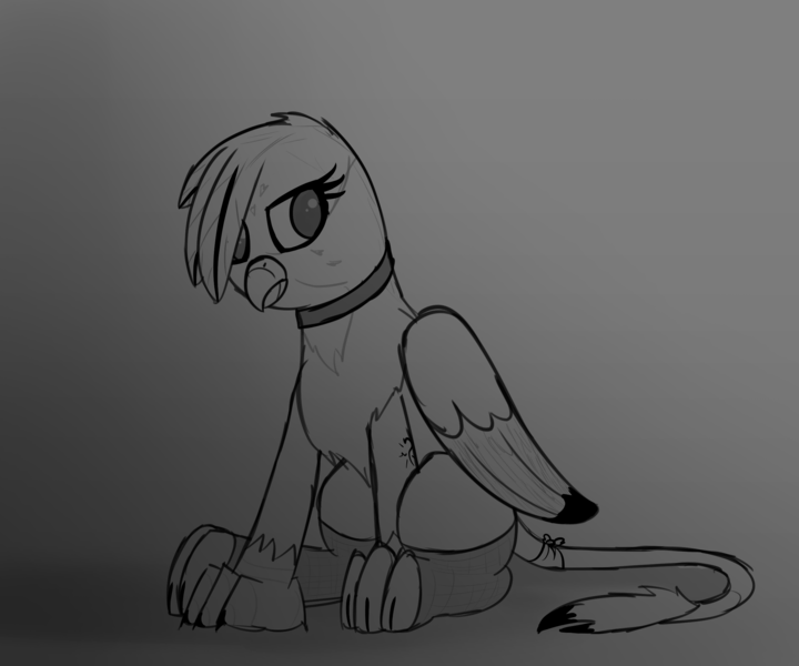 Size: 2400x2000 | Tagged: safe, artist:somber, derpibooru import, gabby, gryphon, choker, clothes, edgy, female, goth, image, png, sitting, sketch, solo