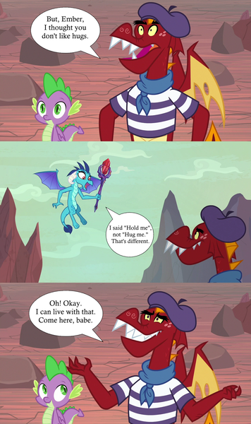 Size: 1280x2160 | Tagged: safe, derpibooru import, edit, edited screencap, screencap, garble, princess ember, spike, dragon, sweet and smoky, beret, bloodstone scepter, clothes, emble, female, hat, image, male, png, scarf, shipping, shirt, speech bubble, straight, striped shirt, winged spike