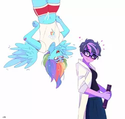 Size: 1713x1624 | Tagged: safe, artist:aaa-its-spook, derpibooru import, rainbow dash, sci-twi, twilight sparkle, equestria girls, bandaid, bandaid on nose, belly button, clothes, cutie mark, female, haircut, image, jpeg, lab coat, lesbian, midriff, scitwidash, shipping, short hair, shorts, twidash, upside down