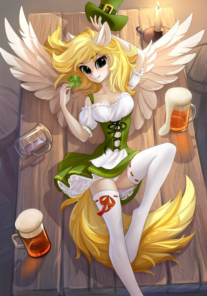 Size: 1000x1427 | Tagged: suggestive, alternate version, artist:tomatocoup, derpibooru import, oc, oc:dandelion blossom, anthro, pegasus, unguligrade anthro, adorasexy, alcohol, beer, blonde, blonde hair, blushing, breasts, candle, clothes, clover, corset, cute, dress, female, four leaf clover, hat, image, jpeg, leprechaun hat, looking at you, pegasus oc, sexy, socks, solo, solo female, spread wings, table, tavern, thigh highs, underwear, white underwear, wings