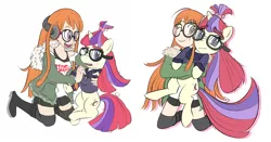 Size: 2600x1365 | Tagged: safe, artist:mustache9, derpibooru import, moondancer, human, unicorn, art evolution, blushing, boots, cheek squish, cheek to cheek, clothes, futaba sakura, glasses, hair bun, headphones, hug, hugging a pony, image, jacket, messy mane, nerd, persona 5, png, shoes, shorts, socks, squishy cheeks, sweater, turtleneck