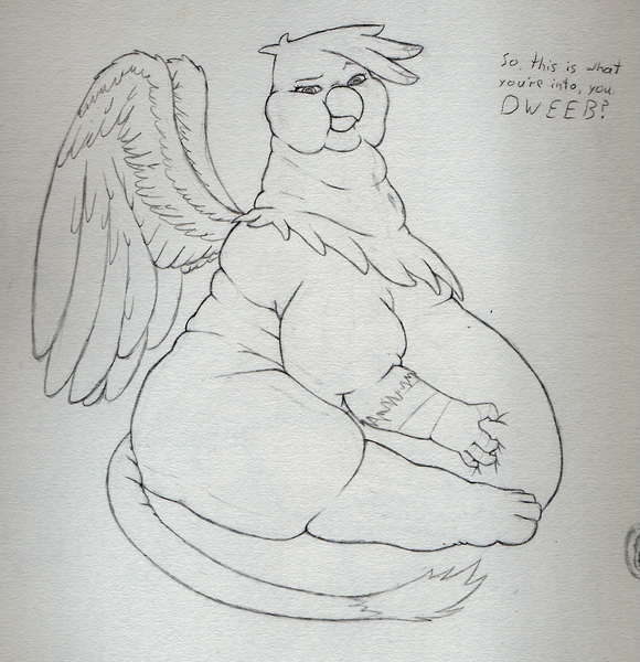 Size: 2191x2266 | Tagged: suggestive, artist:stonershy, derpibooru import, gilda, gryphon, belly, belly grab, big belly, butt, dialogue, double chin, fat, fat fetish, female, fetish, gildough, grayscale, image, large butt, monochrome, morbidly obese, neck fat, obese, png, rolls of fat, sitting, solo, solo female, talking to viewer, teasing, traditional art