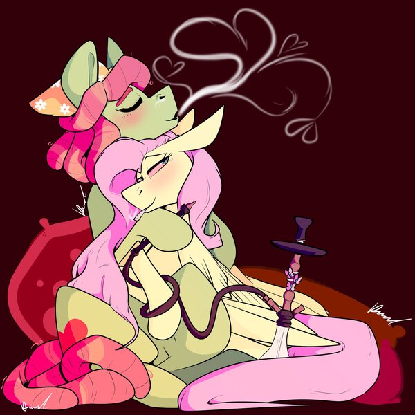 Size: 2048x2048 | Tagged: safe, artist:crookedbeetles, derpibooru import, fluttershy, tree hugger, earth pony, pegasus, pony, bandana, blushing, bong, cuddling, cute, dreadlocks, drugs, eyes closed, female, flutterhigh, flutterhugger, glazed eyes, high, hookah, image, joint, jpeg, lesbian, marijuana, red eyes, shipping, shyabetes, signature, simple background, smoke, stoned, that pony sure does love drugs