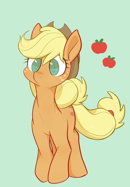 Size: 1426x2048 | Tagged: safe, artist:noupu, derpibooru import, applejack, earth pony, pony, apple, colored pupils, cute, female, food, green background, image, jackabetes, jpeg, mare, simple background, solo