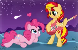 Size: 1920x1236 | Tagged: safe, artist:grapefruit-face, derpibooru import, pinkie pie, sunset shimmer, earth pony, pony, unicorn, bipedal, blushing, cheek squish, duo, electric guitar, female, guitar, image, lesbian, lying down, musical instrument, outdoors, png, shipping, squishy cheeks, sunsetpie, underhoof