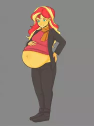 Size: 1620x2160 | Tagged: safe, artist:lunatic2028, derpibooru import, sunset shimmer, comic:inner thoughts, equestria girls, belly, belly button, big belly, clothes, coat, gray background, image, jacket, jpeg, looking down, pants, pregnant, scarf, shoes, simple background, sunset preggers, sweater