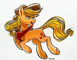 Size: 1027x810 | Tagged: safe, artist:rover, derpibooru import, applejack, earth pony, pony, applejack's hat, cowboy hat, cute, female, hat, image, jackabetes, jpeg, jumping, mare, traditional art