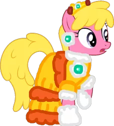 Size: 654x719 | Tagged: safe, artist:hellygirls, artist:kooner-cz, derpibooru import, edit, cherry berry, earth pony, pony, background pony, barely pony related, clothes, costume, crossover, crown, dress, ear piercing, earring, female, gloves, gown, image, jewelry, mare, nintendo, piercing, png, princess, princess daisy, raised hoof, regalia, simple background, solo, super mario bros., transparent background, vector, yellow dress