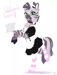 Size: 981x1287 | Tagged: safe, artist:ravenie, derpibooru import, oc, oc:zebra north, unofficial characters only, zebra, clothes, crossdressing, dress, duster, femboy, girly, happy, image, looking at you, maid, maid headdress, male, outfit, png, skirt, socks, solo, stallion, striped socks, zebra femboy, zebra oc