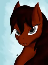 Size: 1280x1707 | Tagged: safe, artist:tunrae, derpibooru import, oc, oc:mfa, unofficial characters only, hybrid, pony, bedroom eyes, bust, fangs, female, gray eyes, hybrid oc, image, jpeg, looking at you, simple background, solo