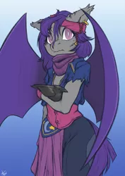 Size: 2480x3508 | Tagged: safe, artist:florecentmoo, derpibooru import, raven, oc, oc:dusk rhine, anthro, bat pony, bat pony oc, bat wings, clothes, explicit source, female, headband, image, looking at you, png, scarf, solo, wings