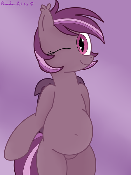 Size: 3016x4032 | Tagged: safe, artist:rainbowšpekgs, derpibooru import, oc, oc:iris, bat pony, pony, adorasexy, bat pony oc, bat wings, belly button, bipedal, chubby, cute, female, image, mare, one eye closed, png, sexy, simple background, smiling, solo, standing, wings, wink