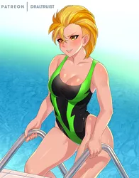 Size: 800x1020 | Tagged: suggestive, artist:draltruist, derpibooru import, lightning dust, human, breasts, busty lightning dust, clothes, commission, digital art, female, humanized, image, one-piece swimsuit, png, pun, solo, solo female, swimming pool, swimsuit, uniform, visual pun, washouts uniform