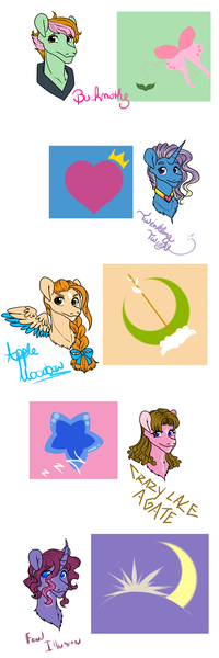 Size: 1500x4500 | Tagged: safe, artist:wildnature03, derpibooru import, oc, oc:apple moonbow, oc:buckmoth, oc:crazy lace agate pie, oc:fond illusion, oc:twinkling twilight, unofficial characters only, earth pony, pegasus, pony, unicorn, alternate universe, bust, cutie mark, female, image, jpeg, magical lesbian spawn, male, mare, offspring, parent:applejack, parent:big macintosh, parent:fluttershy, parent:hayseed turnip truck, parent:nightmare moon, parent:pinkie pie, parent:princess cadance, parent:rainbow dash, parent:rarity, parent:shining armor, parents:appledash, parents:fluttermac, parents:hayseedpie, parents:nightrarity, parents:shiningcadance, simple background, stallion, white background