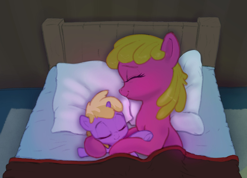 Size: 2250x1626 | Tagged: safe, artist:xbi, derpibooru import, cherry berry, dinky hooves, earth pony, pony, unicorn, background pony, bed, bedroom, blanket, cherrybetes, cuddling, cute, dinkabetes, eyes closed, female, filly, goodnight, image, jpeg, mare, night, pillow, rug, sleeping, sleeping cherry berry, sleeping dinky hooves, smiling, snuggling