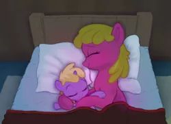 Size: 2250x1626 | Tagged: safe, artist:xbi, derpibooru import, cherry berry, dinky hooves, earth pony, pony, unicorn, background pony, bed, bedroom, blanket, cherrybetes, cuddling, cute, dinkabetes, eyes closed, female, filly, goodnight, image, jpeg, mare, night, pillow, rug, sleeping, sleeping cherry berry, sleeping dinky hooves, smiling, snuggling