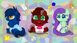 Size: 1280x720 | Tagged: safe, derpibooru import, oc, oc:purple note, oc:red treasure, oc:stardust, earth pony, pegasus, pony, adorable face, baby, baby bottle, baby pony, colt, cute, diaper, female, filly, grumpy, happy, image, jpeg, male, music notes, nervous, pacifier, stars, teddy bear, treasure map