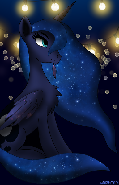 Size: 2115x3295 | Tagged: safe, artist:qnighter, derpibooru import, princess luna, alicorn, pony, chest fluff, feather, female, grooming, high res, image, lights, majestic as fuck, mare, night, png, preening, solo