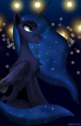 Size: 2115x3295 | Tagged: safe, artist:qnighter, derpibooru import, princess luna, alicorn, pony, chest fluff, feather, female, grooming, high res, image, lights, majestic as fuck, mare, night, png, preening, solo