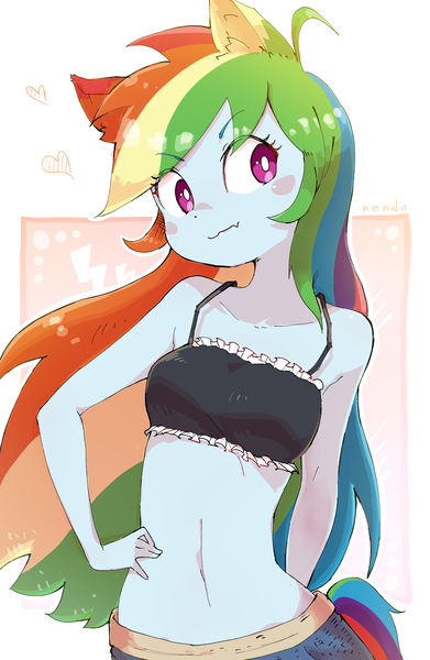 Size: 2016x3092 | Tagged: suggestive, artist:nendo, derpibooru import, rainbow dash, equestria girls, belly button, breasts, cat ears, image, png, rainbow cat, speech bubble