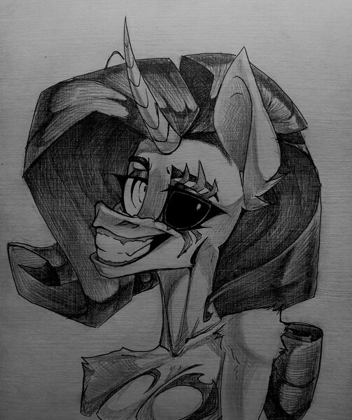 Size: 2147x2560 | Tagged: safe, artist:narkozexe, derpibooru import, rarity, anthro, unicorn, lil-miss rarity, black sclera, bust, curved horn, grin, horn, image, jpeg, looking at you, scar, smiling, traditional art