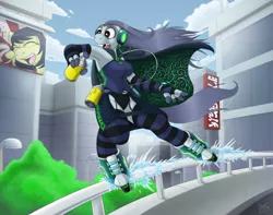 Size: 1280x1011 | Tagged: safe, alternate version, artist:drxii, derpibooru import, oc, oc:ipsywitch, unofficial characters only, anthro, earth pony, building, cape, city, clothes, digital art, female, headphones, image, jet set radio, jpeg, open mouth, pants, roller skates, shirt, socks, solo, solo female, spray can, stockings, thigh highs