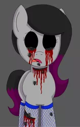Size: 983x1563 | Tagged: grimdark, artist:shycookieq, derpibooru import, oc, unofficial characters only, earth pony, pony, blood, crying, d:, earth pony oc, fishnets, gray background, image, open mouth, png, simple background, solo, tears of blood