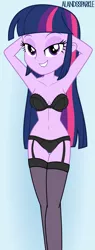 Size: 5829x15420 | Tagged: suggestive, anonymous artist, artist:alandssparkle, derpibooru import, twilight sparkle, twilight sparkle (alicorn), alicorn, equestria girls, absurd resolution, arm behind head, belly button, black underwear, bra, breasts, busty twilight sparkle, clothes, derpibooru exclusive, female, frilly underwear, gradient background, image, lidded eyes, lingerie, lip bite, looking at you, panties, png, ribbon, sexy, signature, simple background, socks, solo, solo female, stockings, strapless bra, thigh highs, underwear