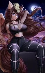 Size: 3000x4884 | Tagged: suggestive, alternate version, artist:anxiety-chan, derpibooru import, oc, oc:ondrea, anthro, pegasus, arm behind back, arm behind head, boots, braid, braided tail, city, clothes, face paint, fishnets, flowing mane, freckles, glow, goth, image, long hair, looking at you, moon, neon, night, nightclub, night sky, party, png, shoes, short shirt, skull, sky, skyline, solo, spreading, spread legs, starry night, tall, thick, thighs, thunder thighs